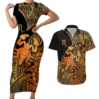 Zodiac Scorpio Couples Matching Short Sleeve Bodycon Dress and Hawaiian Shirt Polynesian in Orange - Wonder Print Shop