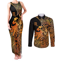 Zodiac Scorpio Couples Matching Tank Maxi Dress and Long Sleeve Button Shirts Polynesian in Orange - Wonder Print Shop