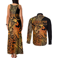 Zodiac Scorpio Couples Matching Tank Maxi Dress and Long Sleeve Button Shirts Polynesian in Orange - Wonder Print Shop