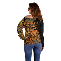 Zodiac Scorpio Off Shoulder Sweater Polynesian in Orange - Wonder Print Shop