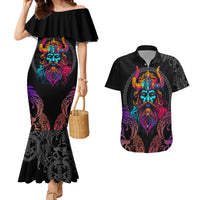 Nordic Warrior Viking Couples Matching Mermaid Dress and Hawaiian Shirt with Raven Motif Neon - Wonder Print Shop