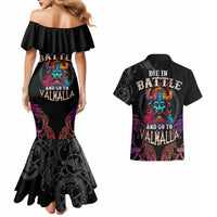 Nordic Warrior Viking Couples Matching Mermaid Dress and Hawaiian Shirt with Raven Motif Neon - Wonder Print Shop