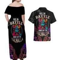 Nordic Warrior Viking Couples Matching Off Shoulder Maxi Dress and Hawaiian Shirt with Raven Motif Neon - Wonder Print Shop