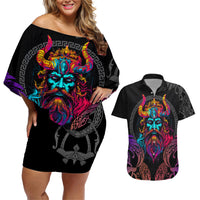 Nordic Warrior Viking Couples Matching Off Shoulder Short Dress and Hawaiian Shirt with Raven Motif Neon - Wonder Print Shop