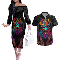 Nordic Warrior Viking Couples Matching Off The Shoulder Long Sleeve Dress and Hawaiian Shirt with Raven Motif Neon - Wonder Print Shop