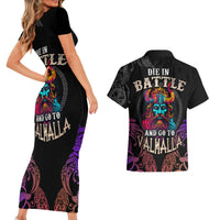 Nordic Warrior Viking Couples Matching Short Sleeve Bodycon Dress and Hawaiian Shirt with Raven Motif Neon - Wonder Print Shop