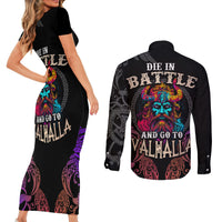 Nordic Warrior Viking Couples Matching Short Sleeve Bodycon Dress and Long Sleeve Button Shirts with Raven Motif Neon - Wonder Print Shop