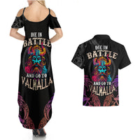 Nordic Warrior Viking Couples Matching Summer Maxi Dress and Hawaiian Shirt with Raven Motif Neon - Wonder Print Shop