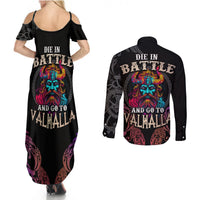 Nordic Warrior Viking Couples Matching Summer Maxi Dress and Long Sleeve Button Shirts with Raven Motif Neon - Wonder Print Shop