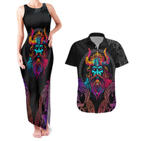 Nordic Warrior Viking Couples Matching Tank Maxi Dress and Hawaiian Shirt with Raven Motif Neon - Wonder Print Shop