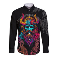 Nordic Warrior Viking Long Sleeve Button Shirt with Raven Motif Neon - Wonder Print Shop
