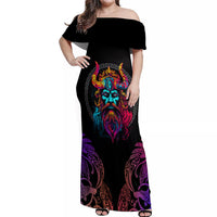 Nordic Warrior Viking Off Shoulder Maxi Dress with Raven Motif Neon - Wonder Print Shop