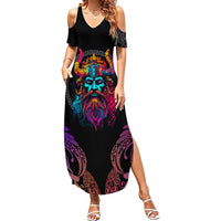 Nordic Warrior Viking Summer Maxi Dress with Raven Motif Neon - Wonder Print Shop