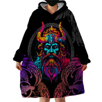 Nordic Warrior Viking Wearable Blanket Hoodie with Raven Motif Neon - Wonder Print Shop