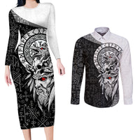 Viking Odin Couples Matching Long Sleeve Bodycon Dress and Long Sleeve Button Shirts Ravens of Valhalla with Helm of Awe and Ancient Rune Patterns - Wonder Print Shop