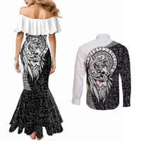 viking-odin-couples-matching-mermaid-dress-and-long-sleeve-button-shirts-ravens-of-valhalla-with-helm-of-awe-and-ancient-rune-patterns