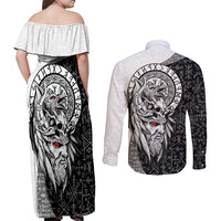 Viking Odin Couples Matching Off Shoulder Maxi Dress and Long Sleeve Button Shirts Ravens of Valhalla with Helm of Awe and Ancient Rune Patterns - Wonder Print Shop