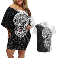 Viking Odin Couples Matching Off Shoulder Short Dress and Hawaiian Shirt Ravens of Valhalla with Helm of Awe and Ancient Rune Patterns - Wonder Print Shop