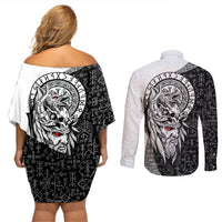 Viking Odin Couples Matching Off Shoulder Short Dress and Long Sleeve Button Shirts Ravens of Valhalla with Helm of Awe and Ancient Rune Patterns - Wonder Print Shop