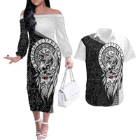 Viking Odin Couples Matching Off The Shoulder Long Sleeve Dress and Hawaiian Shirt Ravens of Valhalla with Helm of Awe and Ancient Rune Patterns - Wonder Print Shop
