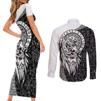 Viking Odin Couples Matching Short Sleeve Bodycon Dress and Long Sleeve Button Shirts Ravens of Valhalla with Helm of Awe and Ancient Rune Patterns - Wonder Print Shop