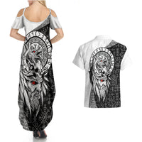 Viking Odin Couples Matching Summer Maxi Dress and Hawaiian Shirt Ravens of Valhalla with Helm of Awe and Ancient Rune Patterns - Wonder Print Shop