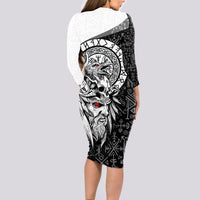 Viking Odin Long Sleeve Bodycon Dress Ravens of Valhalla with Helm of Awe and Ancient Rune Patterns - Wonder Print Shop