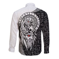 Viking Odin Long Sleeve Button Shirt Ravens of Valhalla with Helm of Awe and Ancient Rune Patterns - Wonder Print Shop