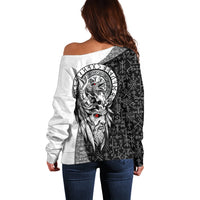 Viking Odin Off Shoulder Sweater Ravens of Valhalla with Helm of Awe and Ancient Rune Patterns - Wonder Print Shop