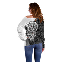 Viking Odin Off Shoulder Sweater Ravens of Valhalla with Helm of Awe and Ancient Rune Patterns - Wonder Print Shop