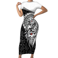 Viking Odin Short Sleeve Bodycon Dress Ravens of Valhalla with Helm of Awe and Ancient Rune Patterns - Wonder Print Shop