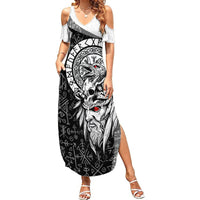 Viking Odin Summer Maxi Dress Ravens of Valhalla with Helm of Awe and Ancient Rune Patterns - Wonder Print Shop