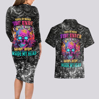 Skull Couples Matching Long Sleeve Bodycon Dress and Hawaiian Shirt Your Demons Hide Under Your Bed Mine Hide Inside My Head - Wonder Print Shop