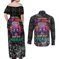 Skull Couples Matching Off Shoulder Maxi Dress and Long Sleeve Button Shirts Your Demons Hide Under Your Bed Mine Hide Inside My Head - Wonder Print Shop