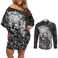 Skull Couples Matching Off Shoulder Short Dress and Long Sleeve Button Shirts Your Demons Hide Under Your Bed Mine Hide Inside My Head - Wonder Print Shop