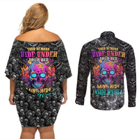 Skull Couples Matching Off Shoulder Short Dress and Long Sleeve Button Shirts Your Demons Hide Under Your Bed Mine Hide Inside My Head - Wonder Print Shop