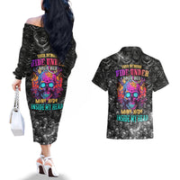 Skull Couples Matching Off The Shoulder Long Sleeve Dress and Hawaiian Shirt Your Demons Hide Under Your Bed Mine Hide Inside My Head - Wonder Print Shop