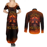 Fire Skull Couples Matching Summer Maxi Dress and Long Sleeve Button Shirts Of Course I'm Going To Hell I'm Just Here To Pick You Up - Wonder Print Shop