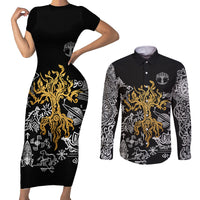 Viking Couples Matching Short Sleeve Bodycon Dress and Long Sleeve Button Shirts Yggdrasil Pattern And Ancient Rune - Wonder Print Shop