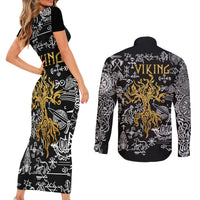Viking Couples Matching Short Sleeve Bodycon Dress and Long Sleeve Button Shirts Yggdrasil Pattern And Ancient Rune - Wonder Print Shop
