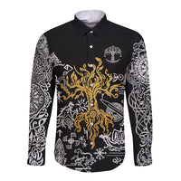 Viking Long Sleeve Button Shirt Yggdrasil Pattern And Ancient Rune - Wonder Print Shop