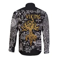 Viking Long Sleeve Button Shirt Yggdrasil Pattern And Ancient Rune - Wonder Print Shop