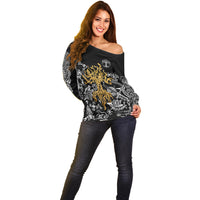 Viking Off Shoulder Sweater Yggdrasil Pattern And Ancient Rune - Wonder Print Shop