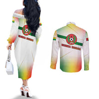 Guinea Bissau Couples Matching Off The Shoulder Long Sleeve Dress and Long Sleeve Button Shirt with White Green Red Gradient Design - Wonder Print Shop