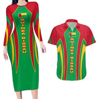 Guinea Bissau Couples Matching Long Sleeve Bodycon Dress and Hawaiian Shirt with Red Green Yellow Stripe Design and Black Star - Wonder Print Shop
