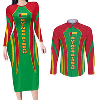 Guinea Bissau Couples Matching Long Sleeve Bodycon Dress and Long Sleeve Button Shirt with Red Green Yellow Stripe Design and Black Star - Wonder Print Shop