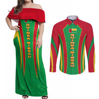 Guinea Bissau Couples Matching Off Shoulder Maxi Dress and Long Sleeve Button Shirt with Red Green Yellow Stripe Design and Black Star - Wonder Print Shop