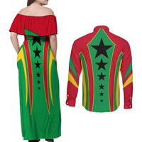 Guinea Bissau Couples Matching Off Shoulder Maxi Dress and Long Sleeve Button Shirt with Red Green Yellow Stripe Design and Black Star - Wonder Print Shop