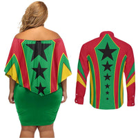 Guinea Bissau Couples Matching Off Shoulder Short Dress and Long Sleeve Button Shirt with Red Green Yellow Stripe Design and Black Star - Wonder Print Shop