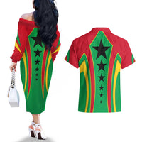 Guinea Bissau Couples Matching Off The Shoulder Long Sleeve Dress and Hawaiian Shirt with Red Green Yellow Stripe Design and Black Star - Wonder Print Shop